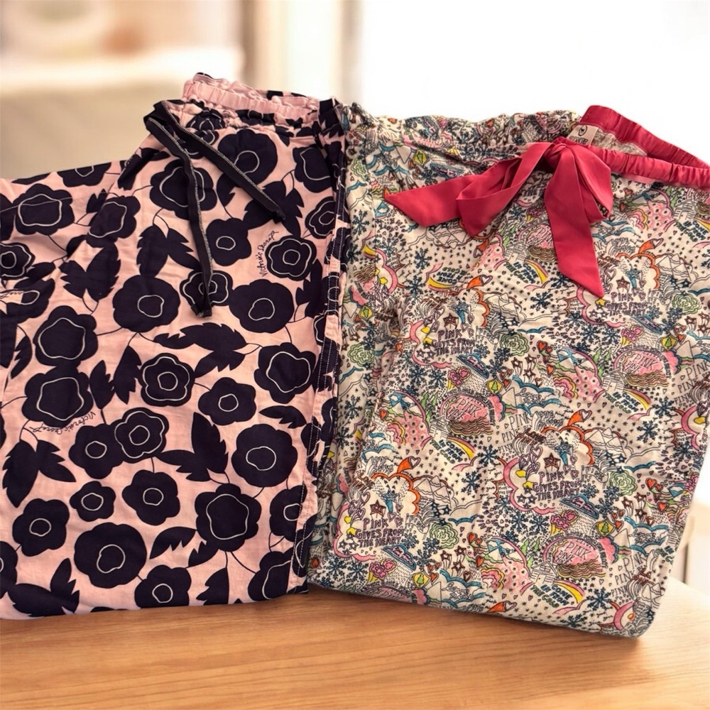 Victoria’s Secret Floral flannel Pajama Pants Set with Pink and Navy Patterns